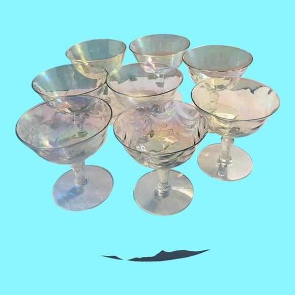 8 Fostoria Crystal Pearl Shell Iridescent Champagne Sherbert Glasses Loop Optics - Picture 2 of 16